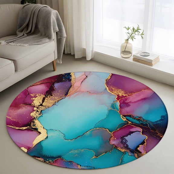 Turquoise Pink Blue Round Rug 3ft Washable Circle Entryway Rugs Non Slip Modern Gradient Abstract Marble Area Rug Indoor Floor Carpet for Bedroom Kitchen Living Room Home Office Dining Room Nursery