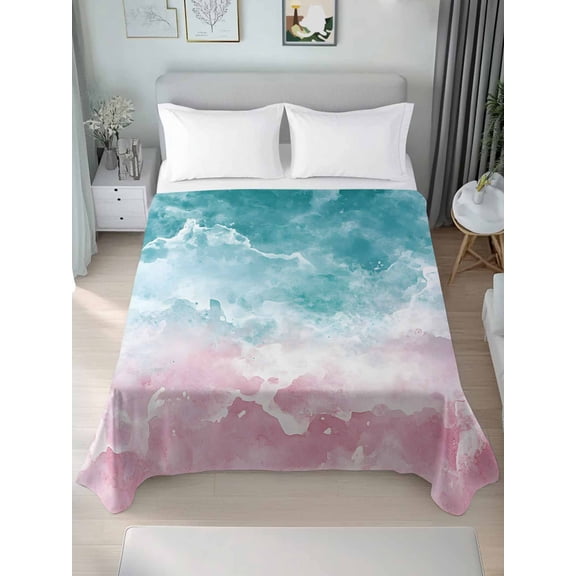 Turquoise Pink Coastal California King Size Flat Sheet, Wrinkleproof & Fadeproof Cooling Flat Bed Sheet Only, Summer Beach Nautical Breathable Soft Bedding Top Sheets 108 x 98 Inches