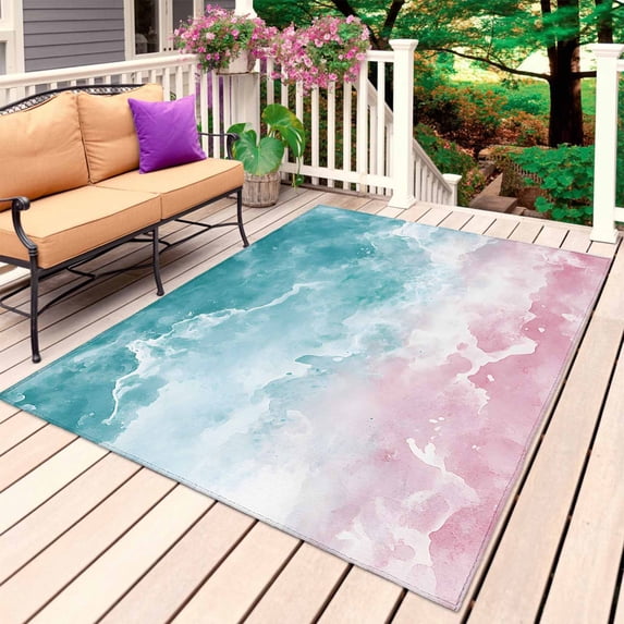 Turquoise Pink Coastal Outdoor Rug for Patio/Deck/Porch, Non-Slip Large Area Rug 3 x 5 Ft, Summer Beach Nautical Indoor Outdoor Rugs Washable Area Rugs, Reversible Camping Rug Carpet Runner