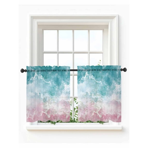 Turquoise Pink Coastal Tier Curtains 24 Inch Length, Sheer Curtains for Bedroom Living Room Window Summer Beach Nautical Rod Pocket Voile Drapes Kitchen Curtains Small Half Window 27.5"x24" 2 Panels