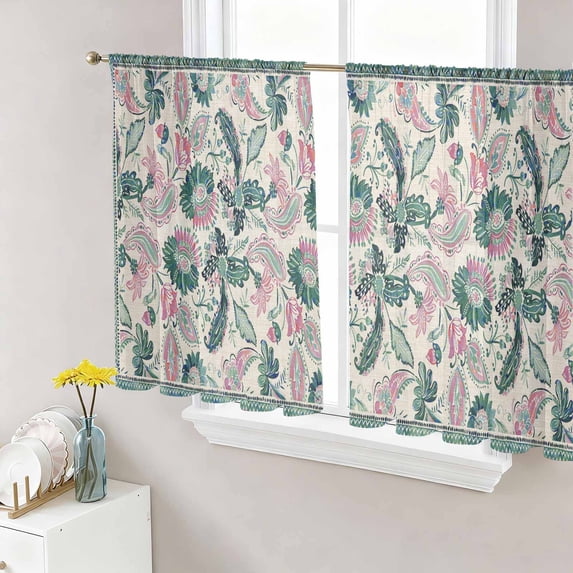 Turquoise Pink Ethnic Sheer Curtains 45 Inch Length 2 Panels Set, Boho Modern Geometric Abstract Art Voile Window Treatment Rod Pocket Small Kitchen Curtains Drapes for Bedroom 52"x45"x2