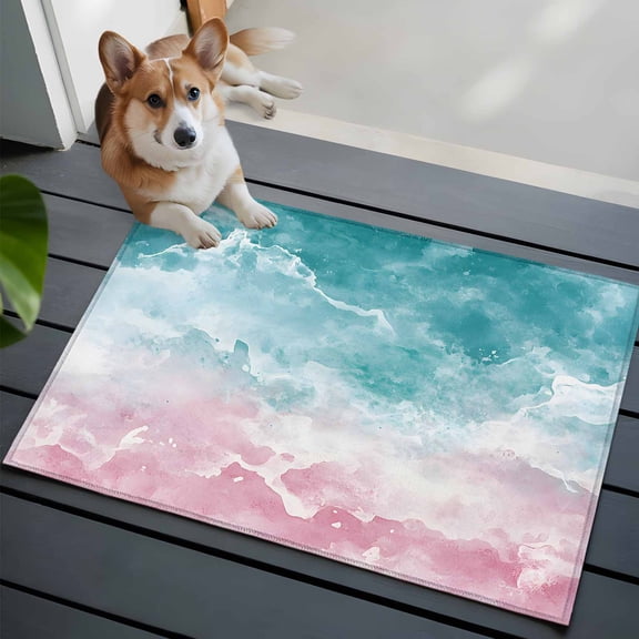 Turquoise Pink Ombre 2x3 Area Rugs for Living Room, Abstract Coastal Ocean Waves Gradient Non Slip Floor Mat Washable Low-Profile Indoor Carpet for Bedroom, Dining Room, Bathroom
