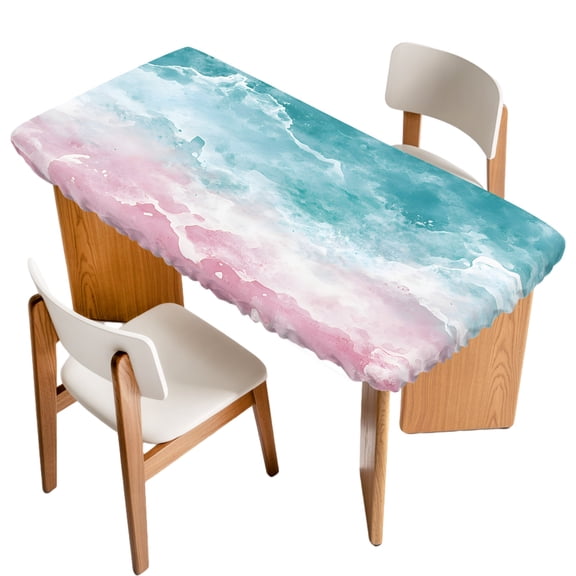 Turquoise Pink Ombre Fitted Rectangle Tablecloth 24" x 36" Abstract Coastal Ocean Waves Gradient Elastic Table Cloth Fits for 3 Foot Folding Tables Waterproof Table Cover for Picnic Camping Outdoor