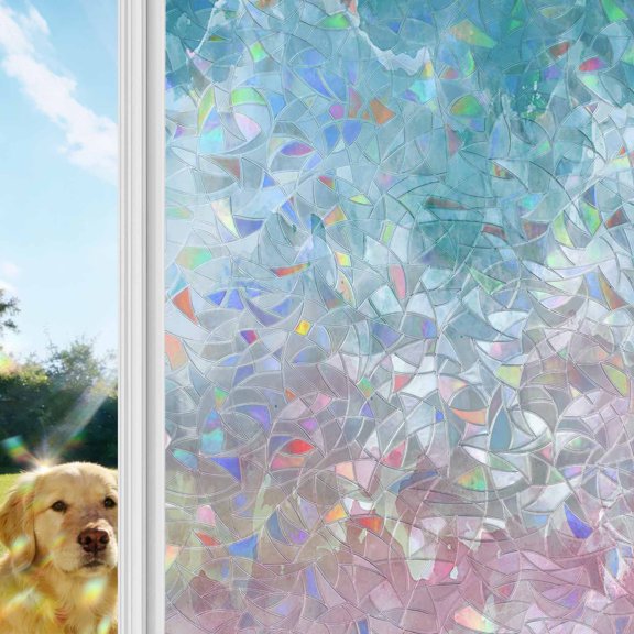 Turquoise Pink Ombre Rainbow Window Privacy Film, Abstract Coastal Ocean Waves Gradient Stained Glass Window Film, Sun Blocking Glass Clings Static Cling Non Adhesive Door Stickers 29.5 x 118 Inches