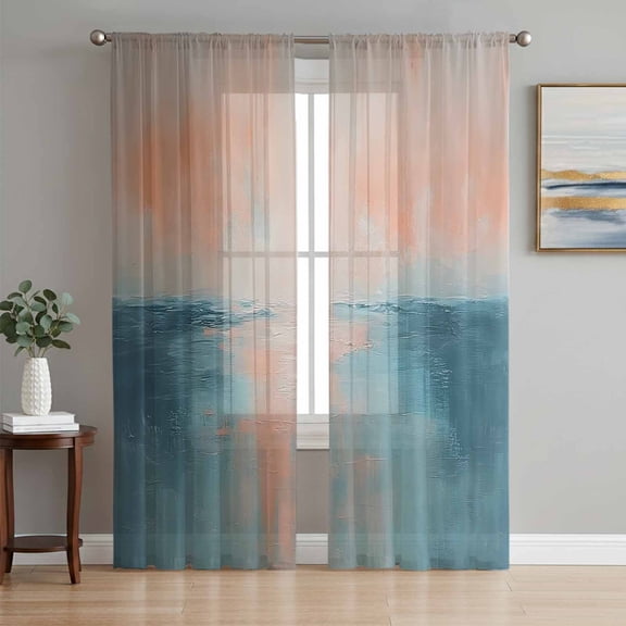 Turquoise Pink Ombre Sheer Curtains 96 Inch Length 2 Panels Set, Vintage Gradient Abstract Aesthetic Voile Window Treatment Semi Sheer Long Curtains Drapes for Bedroom/Living Room/Kitchen 52"x96"x2