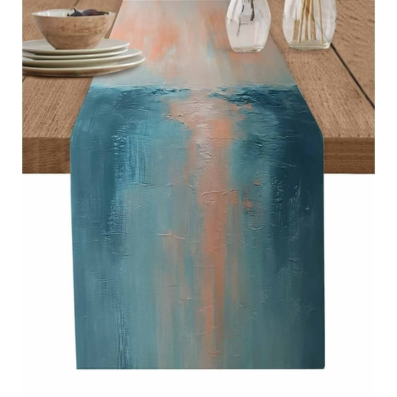 Turquoise Pink Ombre Table Runner Cotton Linen 120 Inch Holiday Dresser Scarves, Vintage Gradient Abstract Aesthetic Tablerunner for Kitchen Coffee Dining Bedroom Dinner Scarf Décor 13''x120''