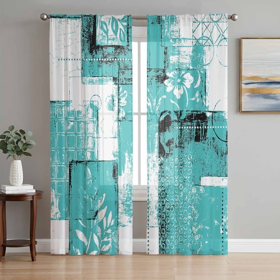 Turquoise Pink Sheer Curtains 72 Inch Length 2 Panels Set, Modern Abstract Art Botanical Voile Window Treatment Rod Pocket Curtains Sheers Drapes for Bedroom/Living Room/Kitchen 52"x72"x2