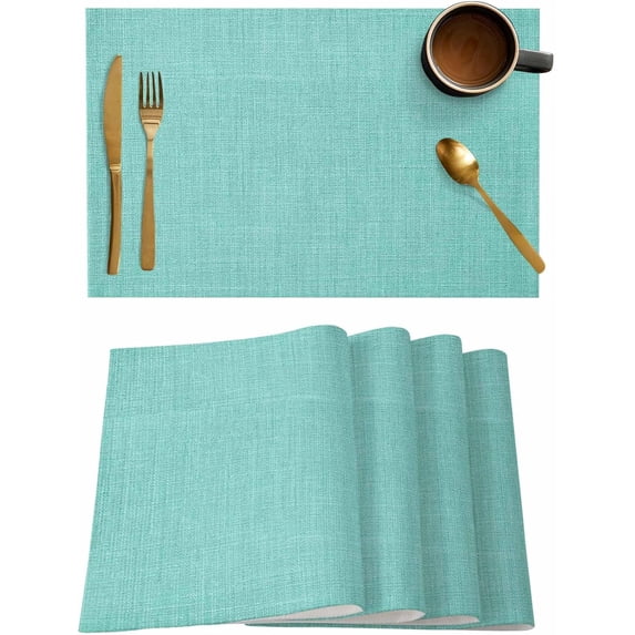 Turquoise Placemats Set of 4, Farmhouse Burlap Placemats for Dining Table, Solid Teal Color Place Mats for Kitchen Tabletop, Modern Linen Texture Waterproof Wipeable Dining Table Mats Set
