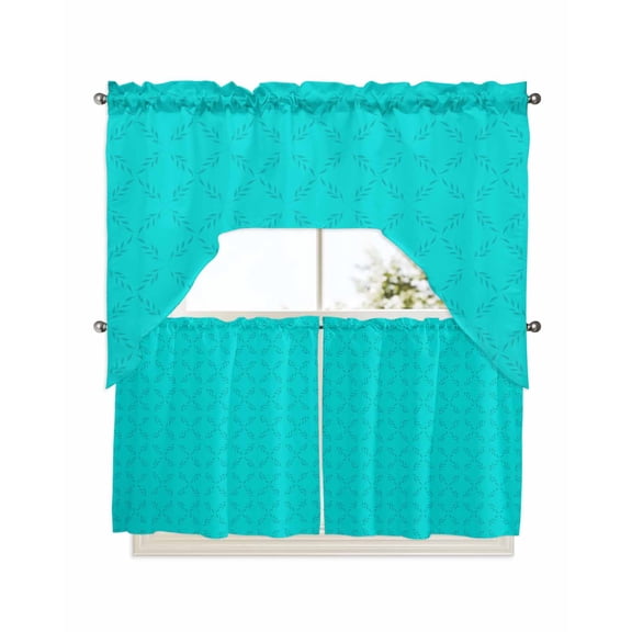 Turquoise Plaid Kitchen Curtains Swag Valance and Tier Curtains Set 24 Inch Length, Geometric Leaf Diamond Morocco Abstract Rod Pocket Drape Panels Pair Swag Curtains for Bathroom/Cafe/Window