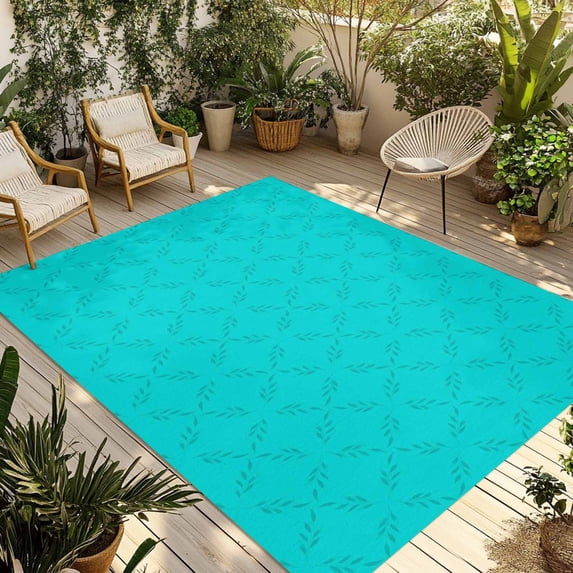 Turquoise Plaid Outdoor Rug 5x8 Ft - Reversible Patio Rug Outdoor Camping Rugs, Geometric Leaf Diamond Morocco Abstract Indoor Outdoor Area Rugs, Non-Slip Outdoor Carpet Runner for Deck/Porch