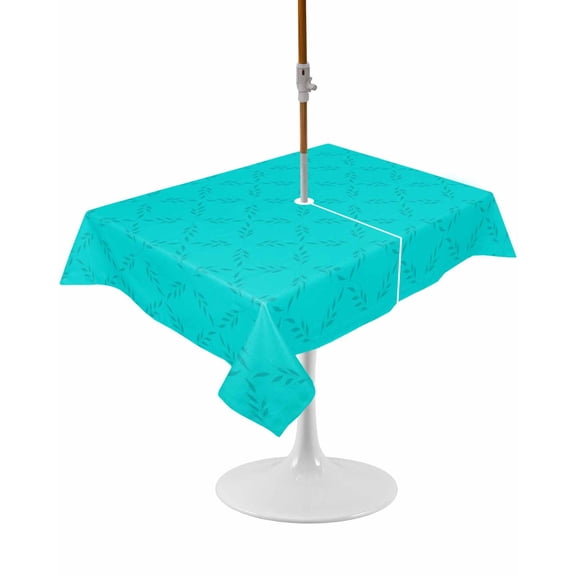 Turquoise Plaid Rectangle Outdoor Tablecloth, Waterproof Table Cloth Cover with Umbrella Hole and Zipper, Geometric Leaf Diamond Morocco Abstract Table Protector for Patio Party Picnic 52"x70"