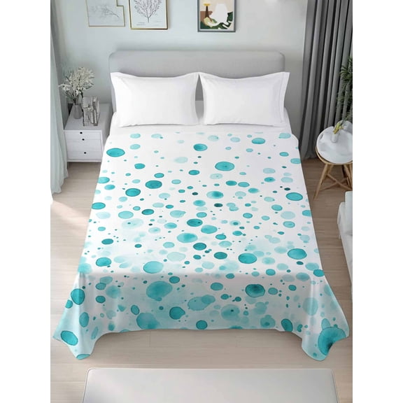 Turquoise Polka Dot Queen Size Flat Sheet, Wrinkleproof & Fadeproof Cooling Flat Bed Sheet Only, Modern Art Abstract Watercolor Dot Breathable Soft Bedding Top Sheets 90 x 102 Inches