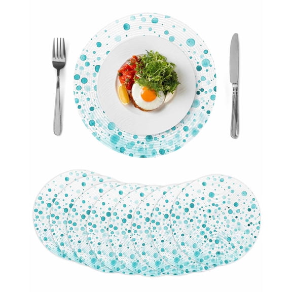Turquoise Polka Dot Round Placemats Set of 8 for Dinning Tables,Heat-proof Braided Table Mats 15 Inch,Modern Art Abstract Watercolor Dot Washable Place Mat for Kitchen Restaurant Party Table Decor