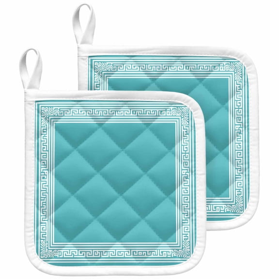 Turquoise Pot Holders for Kitchen Heatproof Potholder, 2 Pack Geometric Boho Ethnic Tile Chic Monochrome Hot Pads Multipurpose Oven Pads Cloth Potholders Trivet for Cooking and Baking