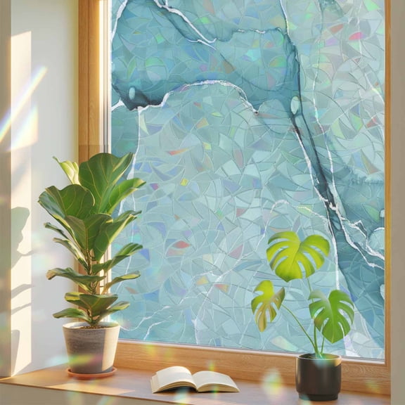 Turquoise Privacy Window Film, Decorative Stained Glass Window Film, Modern Marble Ink Painting Abstract Art Resuable Rainbow Static Cling for Home Bathroom Living Room Glass Door 23.6"x59"