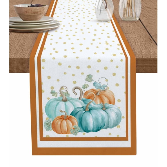 Turquoise Pumpkins Fall Table Runner 48 Inches, Thanksgiving Leaves Orange Border Bed Runner Dresser Scarves Tabletop for Indoor Outdoor Parties/Ceremony/Banquet, 13" x 48"