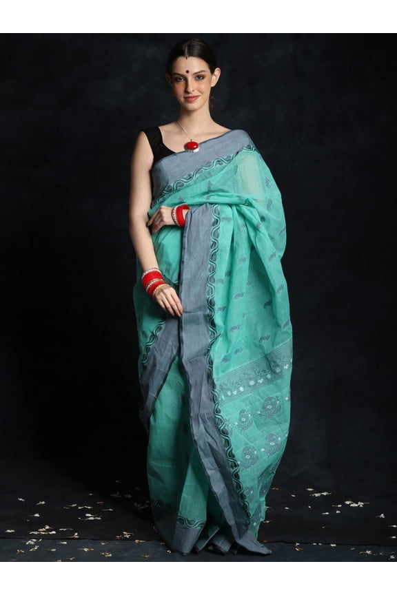 Turquoise Pure Cotton Tangail Saree and Grey Border from Bengal
