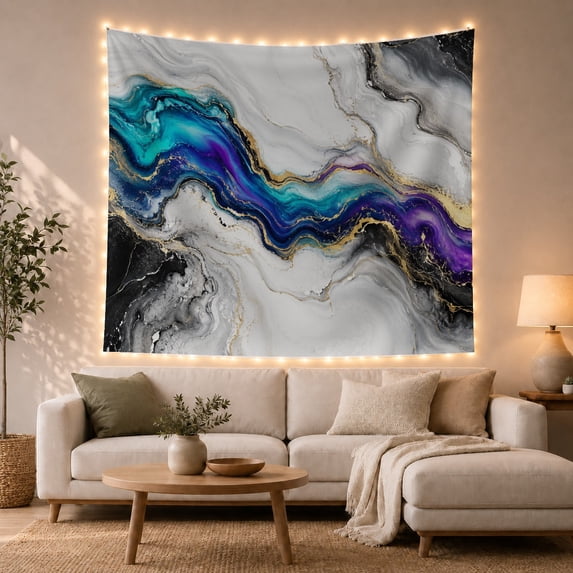 Turquoise Purple Abstract Fluid Art on White Marble, Dramatic Abstract Style for Art Lovers, Metallic Gold Marble Decor, Housewarming Gift, Tapestry Wall Hanging for Bedroom and Living Room