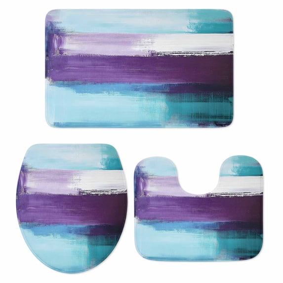 Turquoise Purple Bath Mat 3 Piece Bathroom Rug Set, Geometric Abstract Modern Oil Painting Non Slip Bath Rug Contour Mat and Toilet Lid Cover, Absorbent Shower Mats Soft Bath Rugs and Mats Sets
