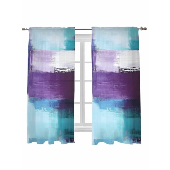 Turquoise Purple Curtains 63 Inch Length,Sheer Curtains for Bedroom Living Room Window Geometric Abstract Modern Oil Painting Rod Pocket Drapes Kitchen Curtains Small Half Window 42"x63" 2 Panels