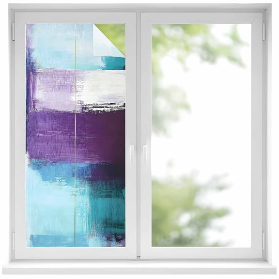 Turquoise Purple Window Privacy Film, Geometric Abstract Modern Oil Painting Static Cling UV Sun Blocking Heat Control Window Tint, Non-Adhesive One Way Windows Privacy Cover 19.6''x39.3''