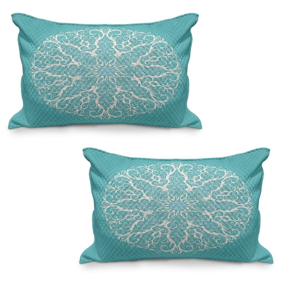 Turquoise Quilted Pillowcover Set of 2, Round Curving Tree Branches Pattern Infinite Circle Symmetrical Cuves Floral Design, Standard Queen Size Pillow Cover Bedroom, 36" x 20", White, by Ambesonne