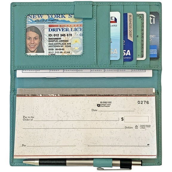 Turquoise RFID Leather Checkbook Cover With Credit Card Slots and Pen Holder