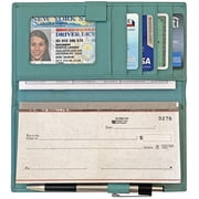 Turquoise RFID Leather Checkbook Cover With Credit Card Slots and Pen Holder