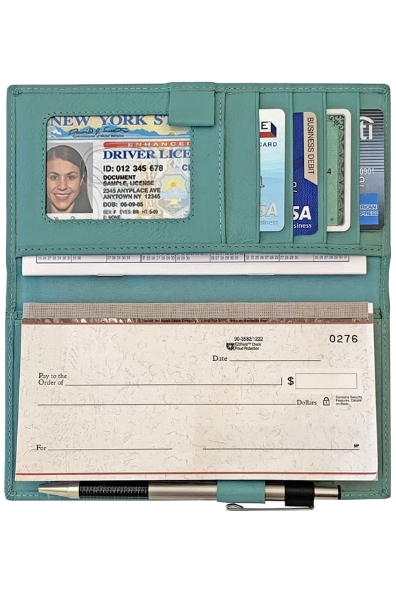 Turquoise RFID Leather Checkbook Cover With Credit Card Slots and Pen Holder