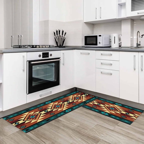 Turquoise Red 2 Pieces Non-Slip Kitchen Mat Set Southwest American Native Abstract Pattern Soft Door Mat with Rubber Backing,Dirtproof Rugs for Entrance Doorway 15.7x23.6in+15.7x47.2in