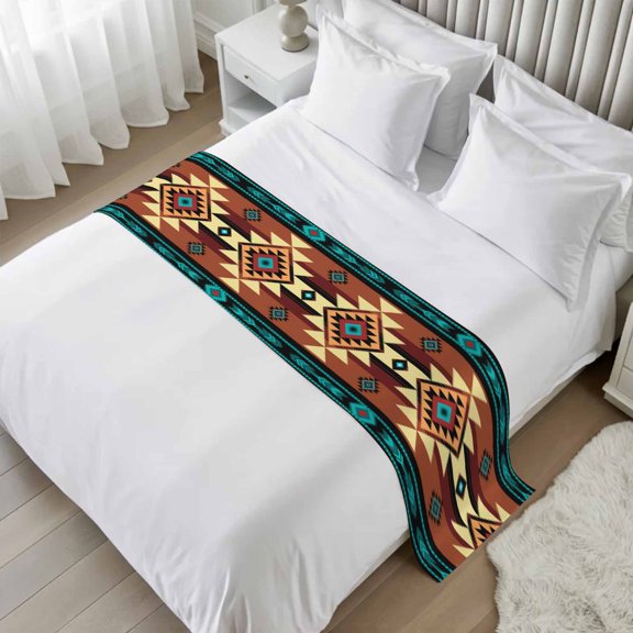 Turquoise Red Bed Runner, Satin Bed Throw Runner for Twin Size Beds, Southwest American Native Abstract Pattern Decorative Bedding Dresser Scarf for Foot of Beds Sofa Cabinet End Table 71"x20"