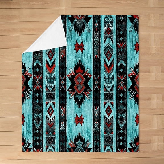 Turquoise Red Black Aztec Striped Geometric Print Throw Blanket Western Tribal Ethnic Pattern Soft Flannel Decorative Blanket For Sofa Bedroom