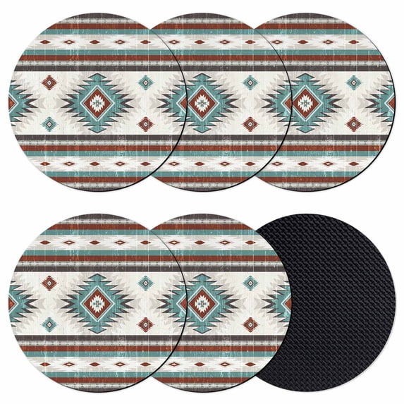 Turquoise Red Boho Coasters Set of 6, Southwestern Ethnic Aztec Retro Geometric Absorbent Coasters for Drinks, Coaster for Bar Office Dining Coffee Table Accessories Decor,Non Slip Round Desk Coaster