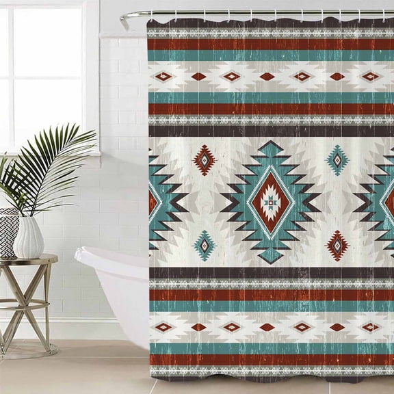 Turquoise Red Boho Shower Curtain Set, Waterproof Shower Curtains for Bathroom, Southwestern Ethnic Aztec Retro Geometric Washable Fabric Cloth Bath Curtain for Bathtub with Hooks 66x72 Inches