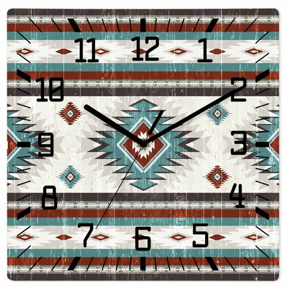 Turquoise Red Boho Wooden Wall Clock Silent Non Ticking, Southwestern Ethnic Aztec Retro Geometric Square Wall Clocks Battery Operated, Decor Clock for Home Office, Living Room, Kitchen, 12 Inch