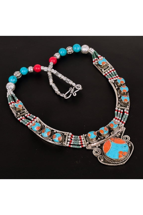 Turquoise Red Coral Gemstone 925 Sterling Silver Gift Nepali Necklace 18" VJ 014