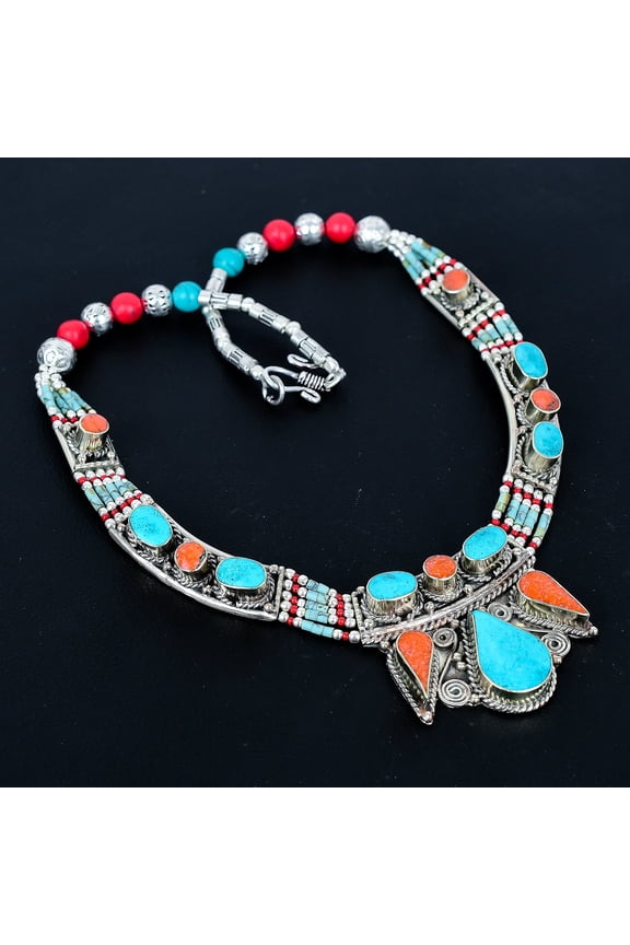 Turquoise Red Coral Gemstone 925 Sterling Silver Nepali Handmade Necklace 18"