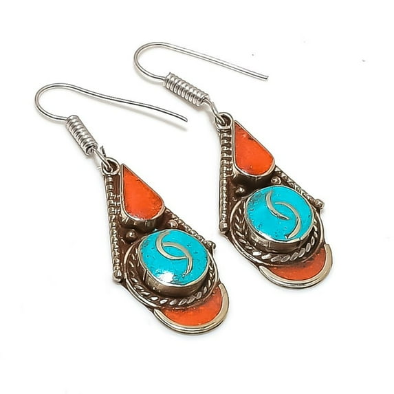 Turquoise Red Coral Gemstone Earrings Tibetan Tribal Nepali Jewelry 2.3" NE 5362