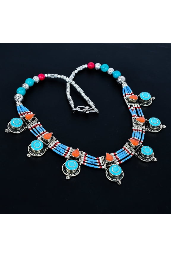 Turquoise Red Coral Gemstone Handmade 925 Sterling Silver Nepali Necklace 18"