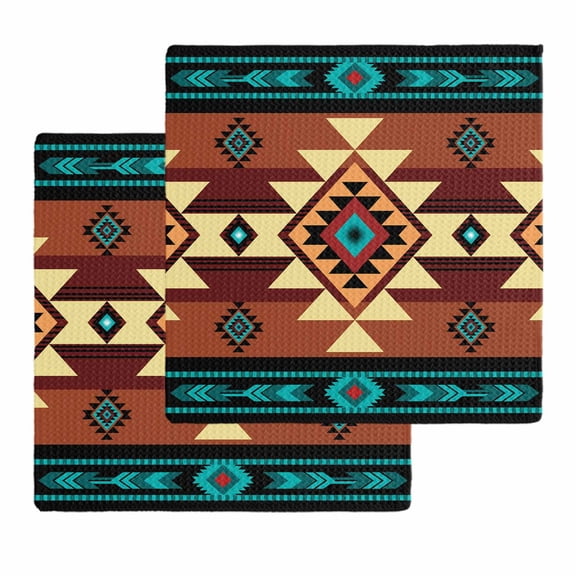 Turquoise Red Dish Towels Set,Waffle Weave Kitchen Towels 2 Pieces,Microfiber Hair Face Bath Tea Towel Absorbent Quick Drying Cleaning Dish Cloths,Southwest American Native Abstract Pattern 12"x12"
