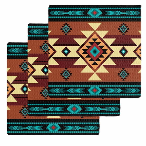 Turquoise Red Dish Towels Set,Waffle Weave Kitchen Towels 3 Pieces,Microfiber Hair Face Bath Tea Towel Absorbent Quick Drying Cleaning Dish Cloths,Southwest American Native Abstract Pattern 12"x12"