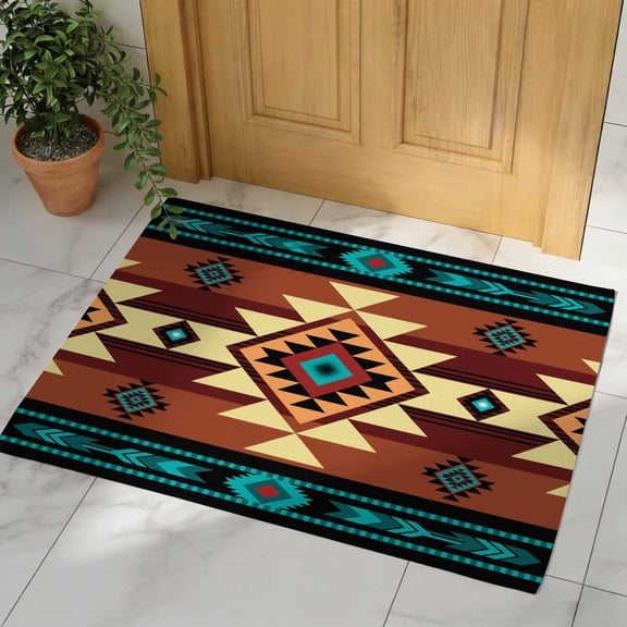 Turquoise Red Door Mat, Non Slip Bathroom Rugs, Southwest American Native Abstract Pattern Absorbent Floor Mats, Washable Runner Rug Indoor Doormat for Front Door Entrance, Patio, Garage 18"x30"
