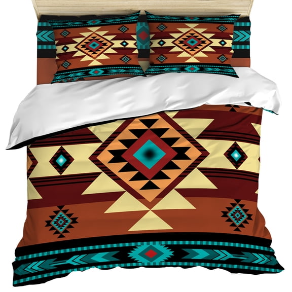 Turquoise Red Duvet Cover Set, Southwest American Native Abstract Pattern Soft Duvet Cover Full Size Bedding Set 4 Pieces, 1 Quiltcover and 2 Pillowcases with Zipper, 1 Bed Sheet for All Seasons