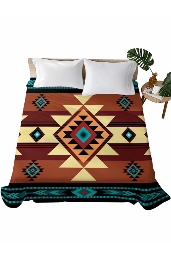 Turquoise Red Flat Sheets Only Full Size, Soft Breathable Bed Top Sheets for Mattress, Southwest American Native Abstract Pattern Luxury Bedding Flat Sheets for Home Hotel Bedroom Bed Protection
