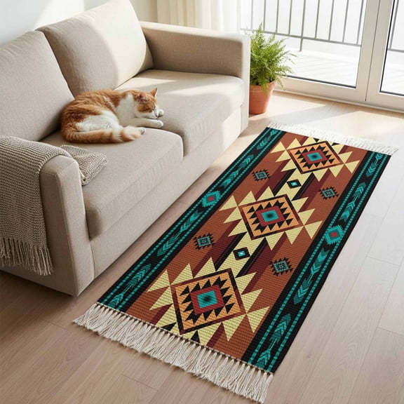 Turquoise Red Hallway Runner Rug 2'x5', Southwest American Native Abstract Pattern Washable Kitchen Runner Rug with Tassels, Laundry Room Rugs Woven Cotton Carpet for Bedroom Entryway Front Door