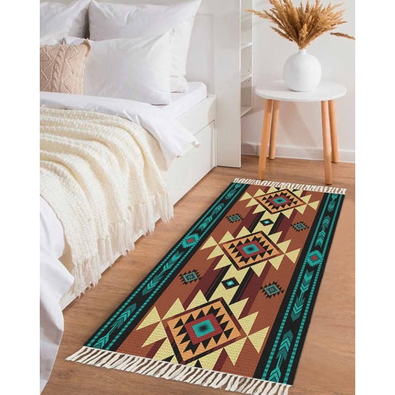 Turquoise Red Hallway Runner Rug 2x5ft,Southwest American Native Abstract Pattern Washable Woven Living Room Bedroom Kitchen Bathroom Carpet with Tassels,Indoor Outdoor Throw Door Mat for Entryway