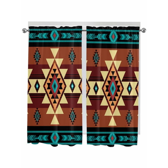 Turquoise Red Kitchen Curtains 63 Inch Length, Southwest American Native Abstract Pattern Rod Pocket Light Filtering Window Curtains Living Room Bedroom Curtain Drapes Cafe Curtain 42''x63''x2
