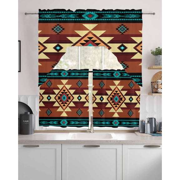 Turquoise Red Kitchen Curtains and Valance Set,Southwest American Native Abstract Pattern Short Swag Tier Curtain 36 Inch Length for Cafe Living Room Bedroom Drapes 3 Piece Window Treatment