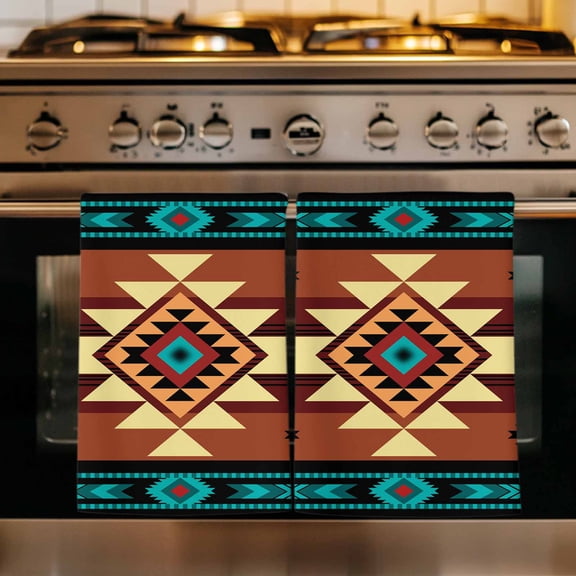 Turquoise Red Kitchen Towels Set of 2, Southwest American Native Abstract Pattern Absorbent Dish Towels for Kitchen, Microfiber Hand Towel, Quick Drying Tea Towel for Cleaning Decorative Dishcloths