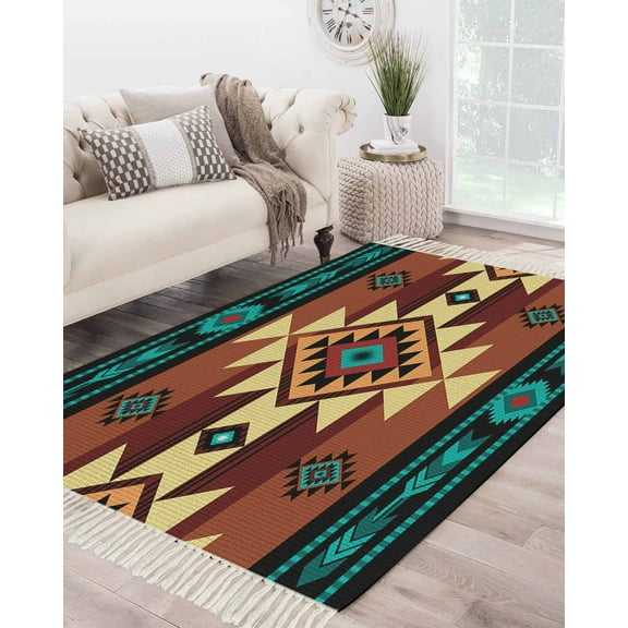 Turquoise Red Large Area Rug 4x6ft Woven Runner Rug,Southwest American Native Abstract Pattern Washable Living Room Bedroom Kitchen Bathroom Classroom Carpet with Tassels,Indoor Outdoor Door Mat